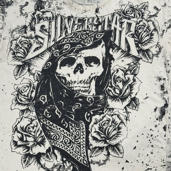 Crazy Vintage Y2K Silver Star Affliction Style Grunge Skull & Roses T Shirt - Picture 3 of 6